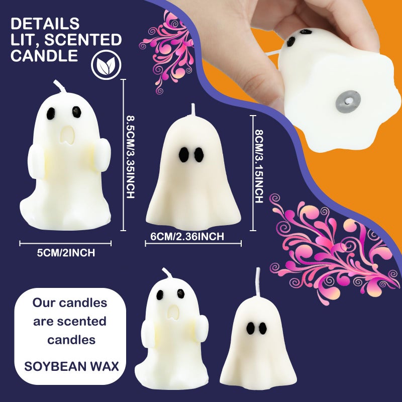 Minatee 4 Pieces Large Halloween Ghost Candles Cute Spooky Fall Decor Burning White Scented Wax Candles Gifts for Boo Basket Stuffers Halloween Room Table Indoor Decorations  2 Style - Image 2